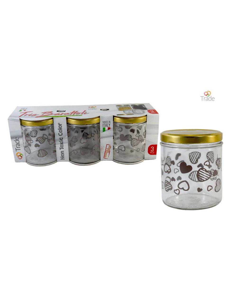 TRIS BARATTOLI IN VETRO CC 800 CT DEC. CUORI GRIGIO