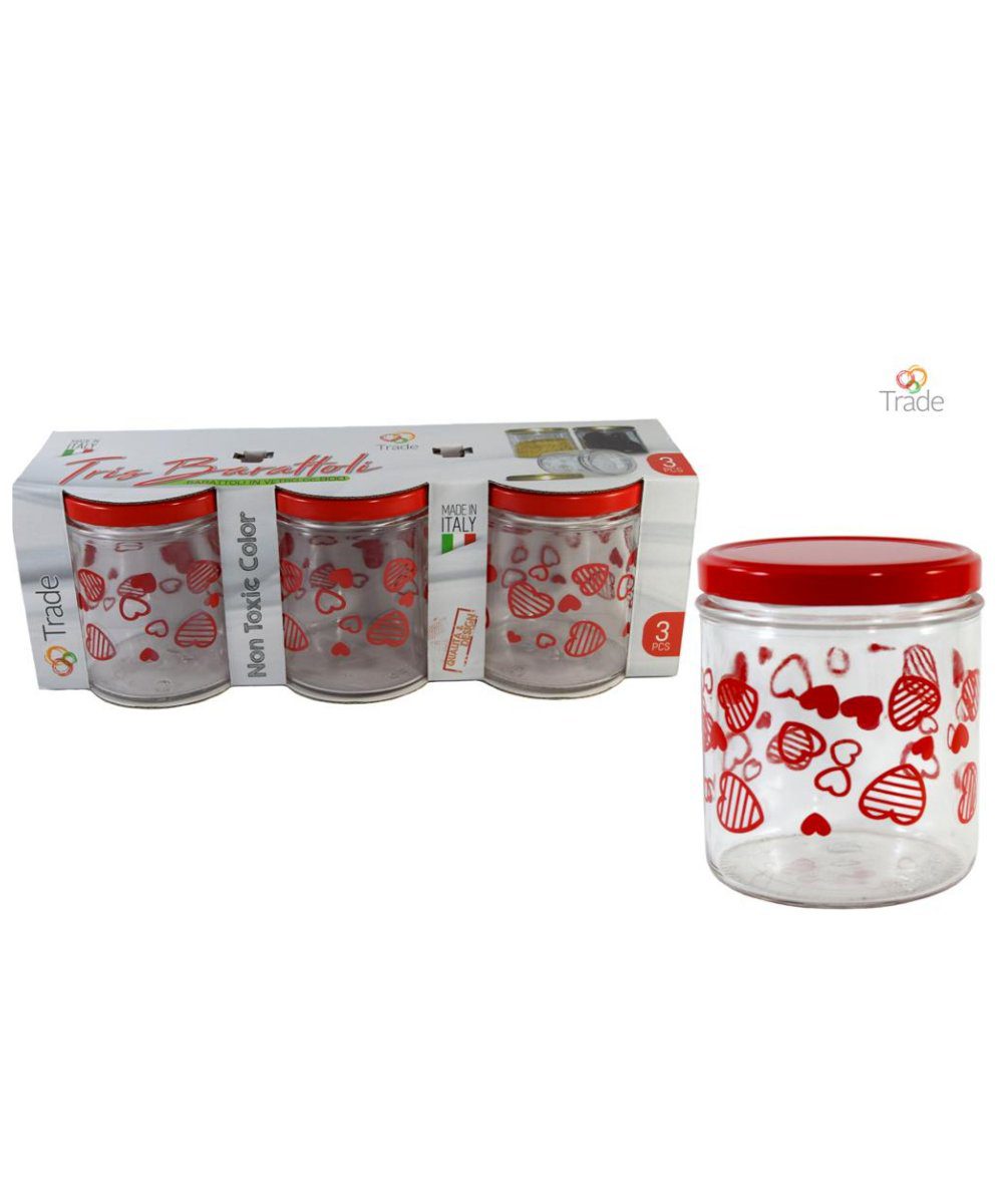TRIS BARATTOLI IN VETRO CC 800 CT DEC. CUORI ROSSO